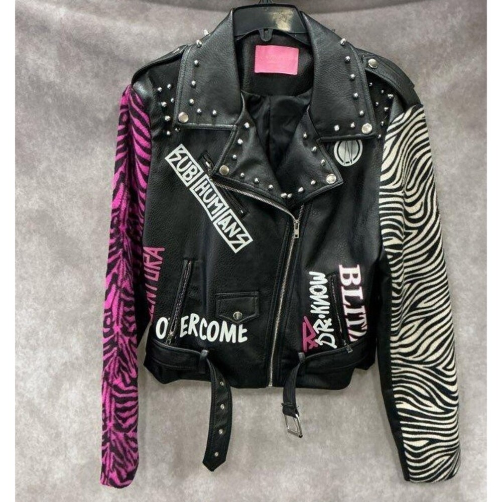 Azalea Wang Women's Black Graphic/Zebra Print PU Moto Jacket XL